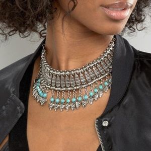 Anthropologie RAGA Fringe Statement Necklace Turquoise Silver